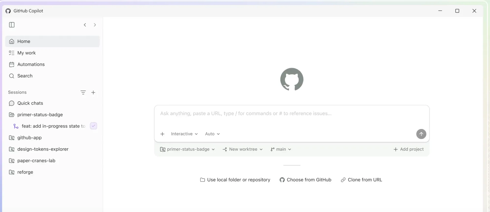 The GitHub Copilot app home screen, with a Sessions sidebar on the left and an 'Ask anything' prompt box in the center.