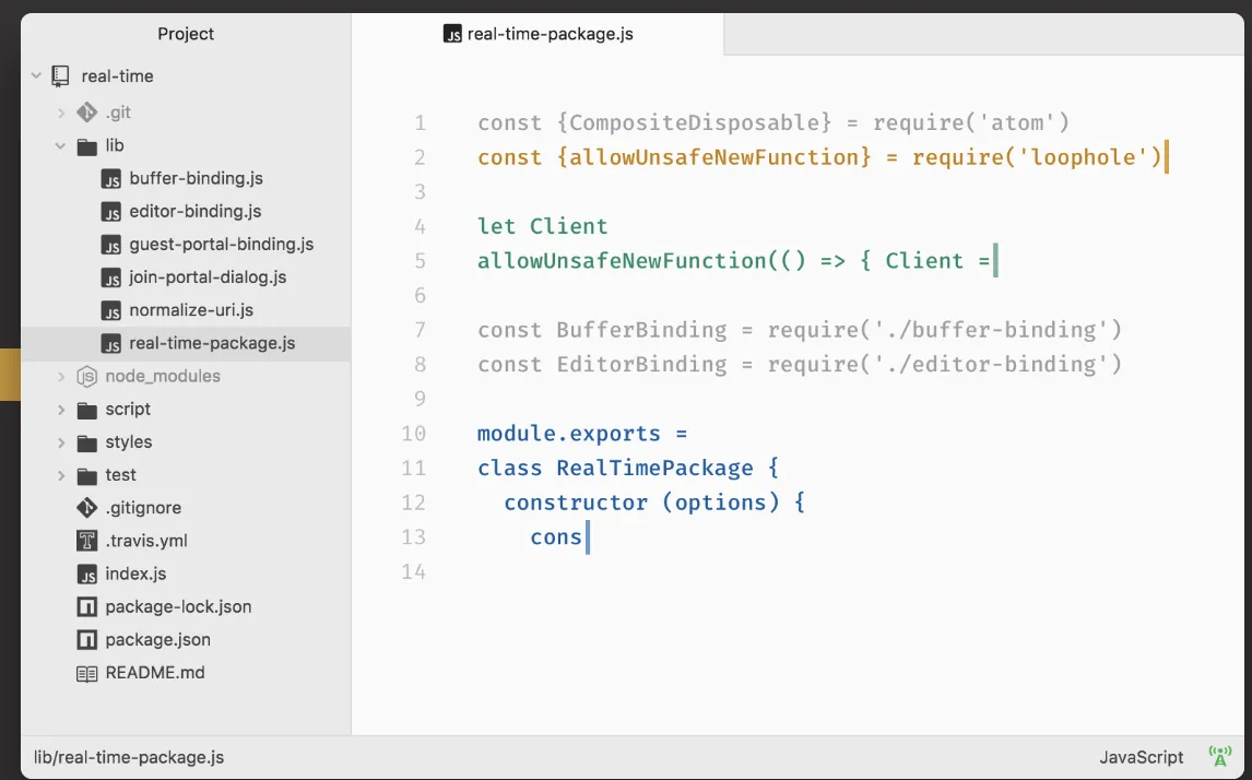 The Atom editor in a light theme, showing an 'atom/real-time' project. A file tree on the left lists the lib folder with JavaScript files; the main pane shows real-time-package.js with syntax-highlighted JavaScript.