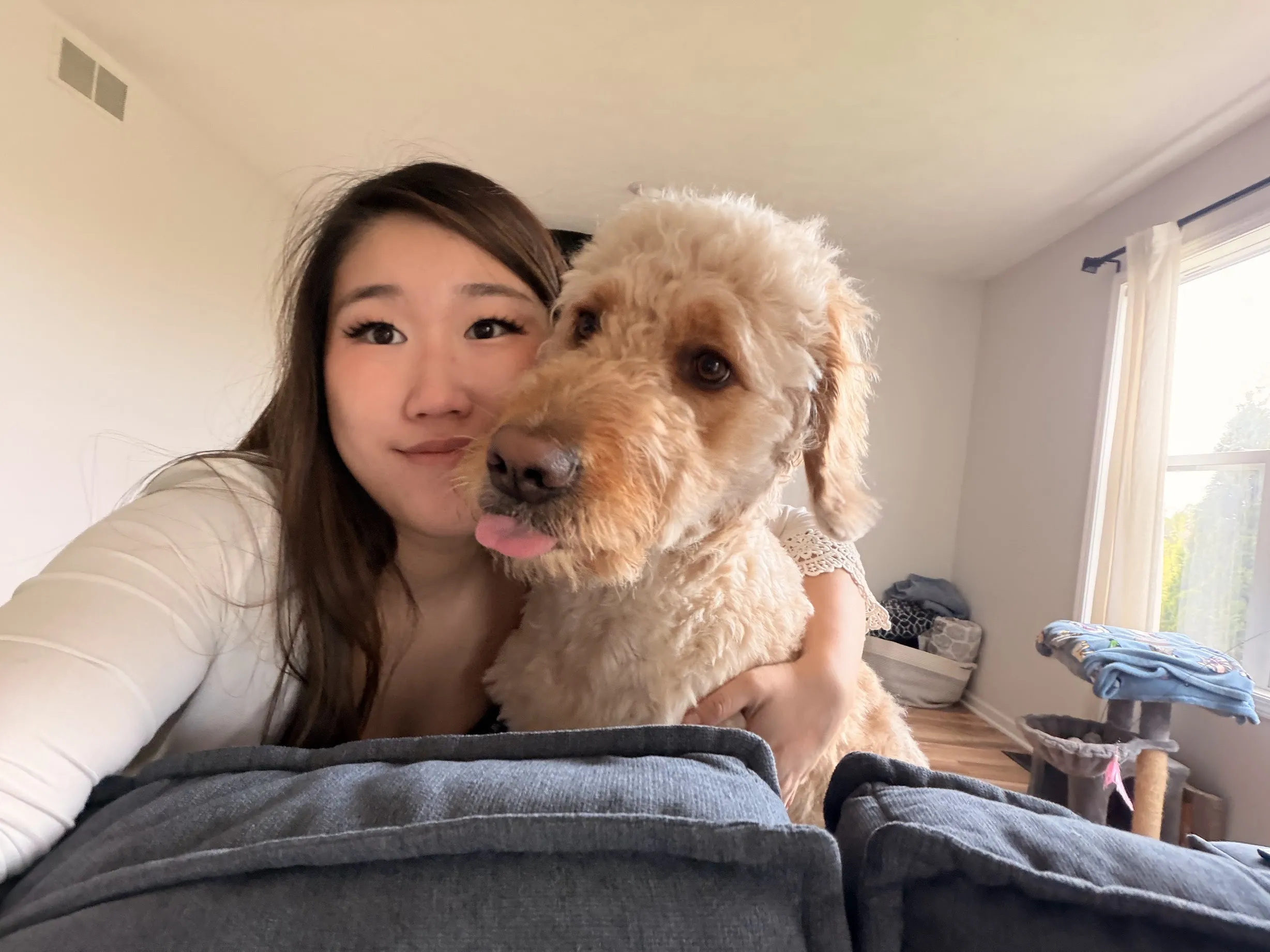 Xue leaning over a grey couch in a sunlit living room, hugging Brandy — a cream-colored goldendoodle with her tongue sticking out — against her cheek; a window with sheer curtains and a cat tree are visible in the background.