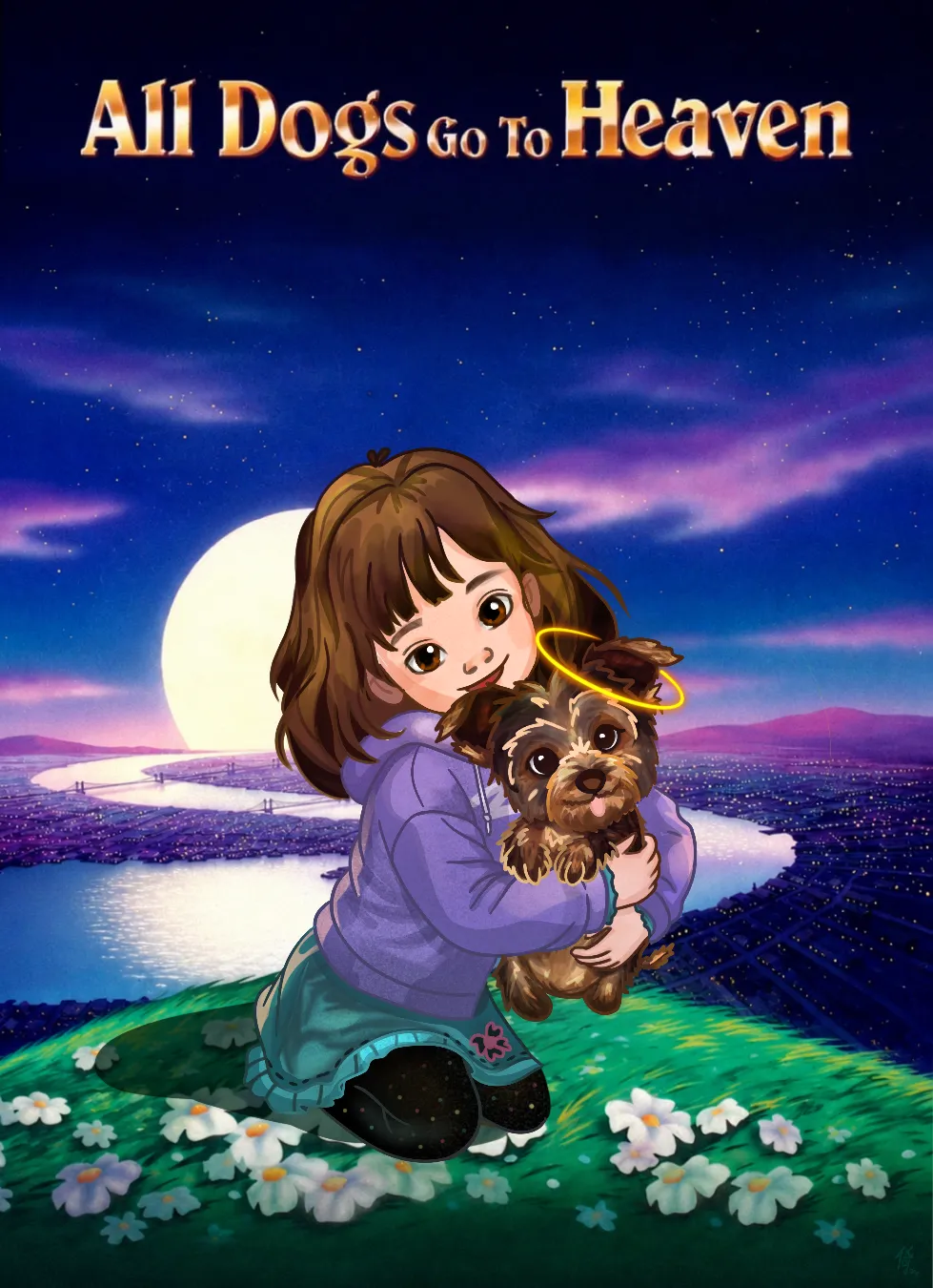 A finished Disney-style illustration in the style of an ‘All Dogs Go To Heaven’ movie poster: a brown-haired girl in a purple hoodie and blue skirt kneeling in a daisy-filled meadow, hugging a small halo-wearing terrier, with a glowing full moon and a winding river under a starry purple sky.