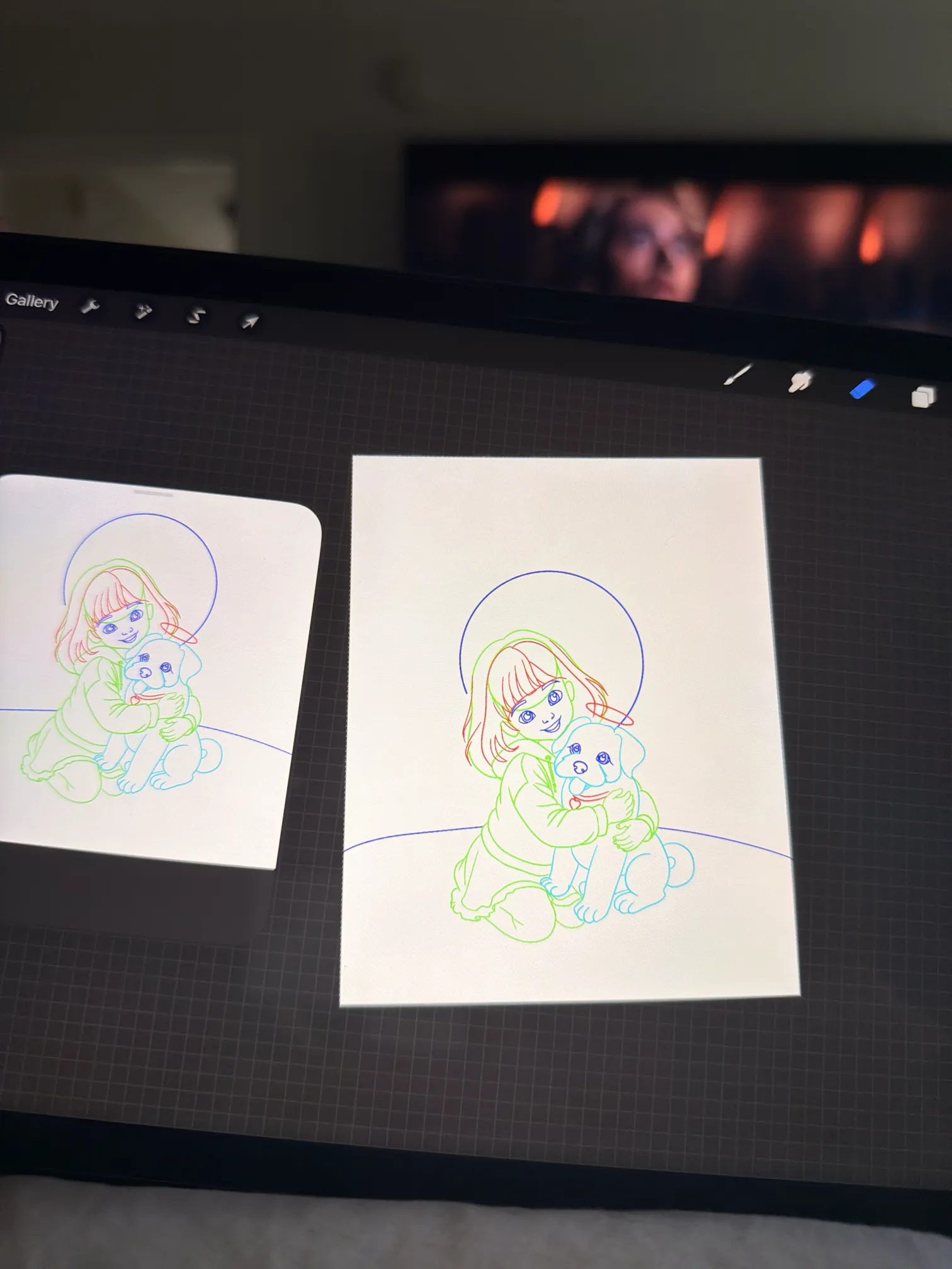 A photo of an iPad in a dark room running Procreate: an early upright sketch of a girl kneeling and hugging a small dog, a large circle behind them like a moon, drawn in loose neon rainbow outlines at the blocking stage.