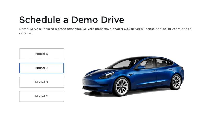 Tesla demo drive scheduling page with vehicle picker showing Model S, Model 3, Model X and Model Y, with Model 3 selected next to a product photo of a blue Model 3