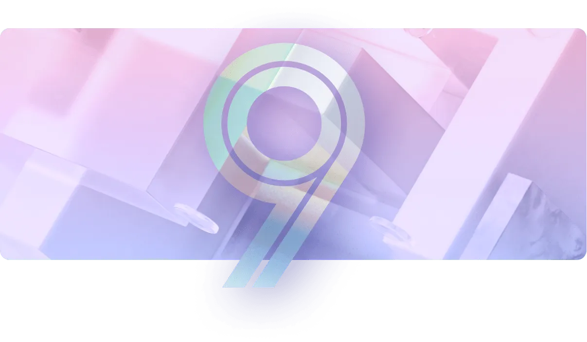 Fluent UI v9 brand artwork — a stylized iridescent numeral 9 in pink, lavender, and cyan, layered over translucent prismatic geometric forms