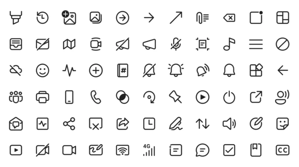 A grid of Fluent System line icons covering communication, media, navigation and accessibility — including drafts of bell, share, microphone, video, attach, map, smiley, and bookmark glyphs