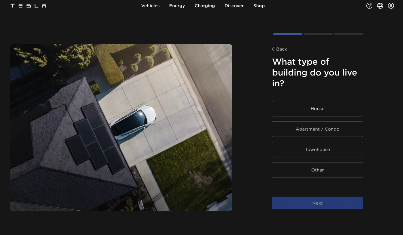 Tesla home charging quiz asking "What type of building do you live in?" with options House, Apartment/Condo, Townhouse, Other, alongside an aerial photo of a home with rooftop solar panels