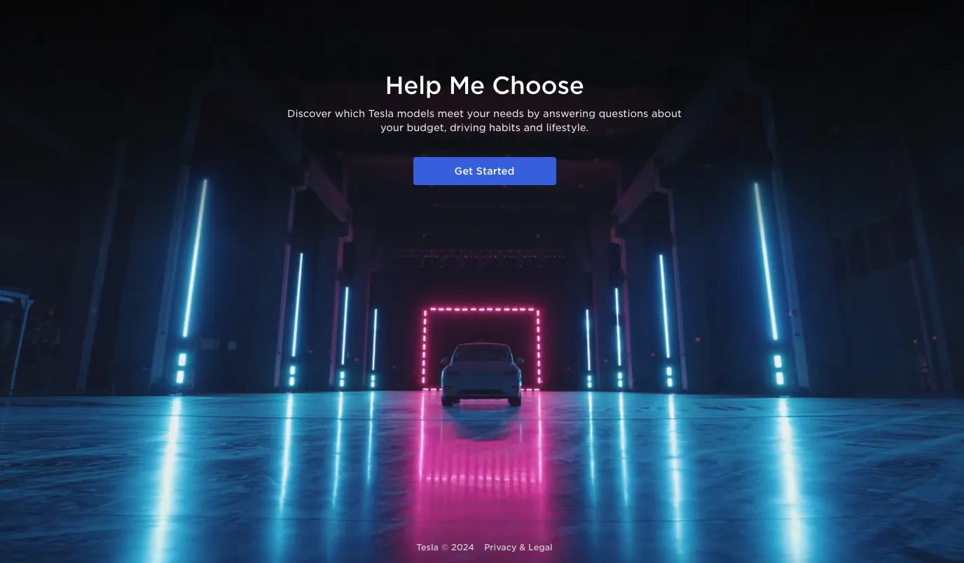 Tesla "Help Me Choose" splash screen with tagline "Discover which Tesla models meet your needs by answering questions about your budget, driving habits and lifestyle" and a Get Started button, set against a stylized neon-lit garage with a Tesla framed by pink and cyan light strips