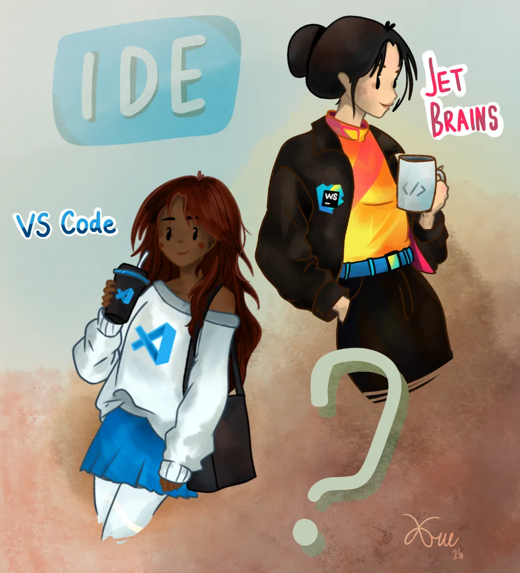 Illustration of two figures under the word IDE. On the left, a person in a white VS Code hoodie holding a cold drink; on the right, a taller person in a dark JetBrains bomber jacket with a WebStorm badge holding a coffee mug, labelled JetBrains. A large question mark sits between them.