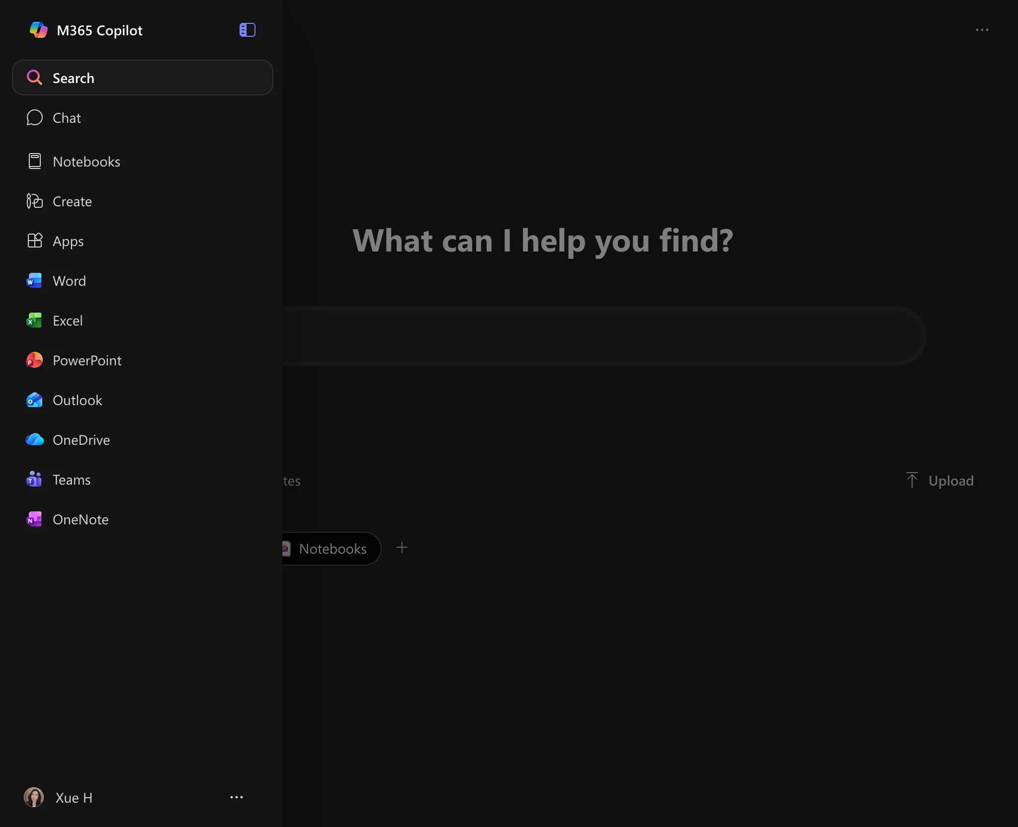 M365 Copilot home view with side navigation listing Search, Chat, Notebooks, Create, Apps, and Office apps, and a centered search prompt "What can I help you find?"
