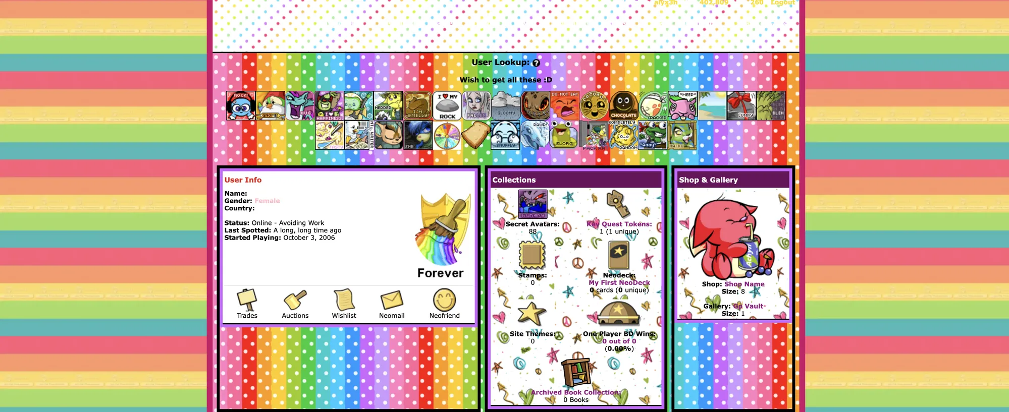 A Neopets user lookup page from the mid-2000s, wrapped in rainbow polka-dot borders. Many rainbow motifs on the page. It has horrible contrast accessibility metrics.