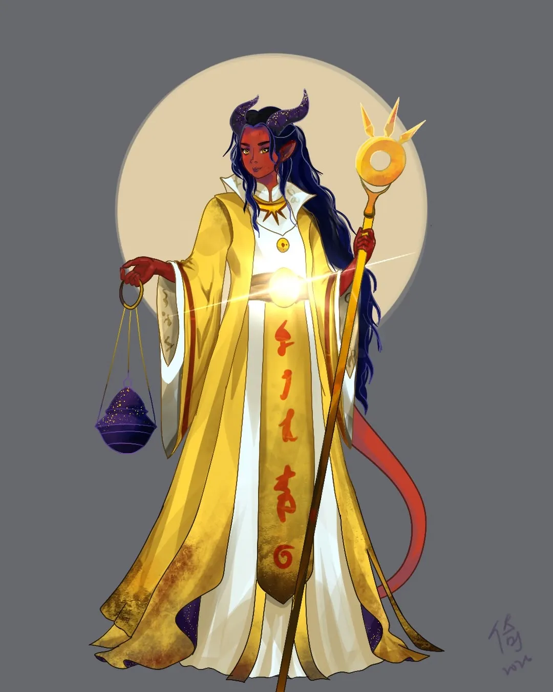 A finished digital painting of a horned, red-skinned tiefling with long dark hair and a tail, wearing flowing gold-and-white robes. She holds a glowing celestial staff in one hand and a star-speckled purple censer hanging from a ring in the other, haloed by a pale full moon.