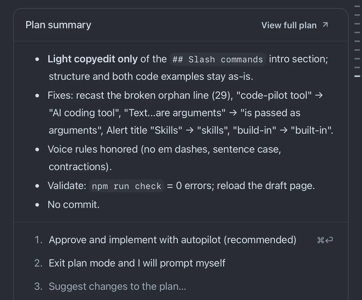 A plan summary card in an AI coding tool. It lists the proposed change as bullet points, then three numbered choices at the bottom: approve and implement with autopilot, exit plan mode, or suggest changes to the plan.