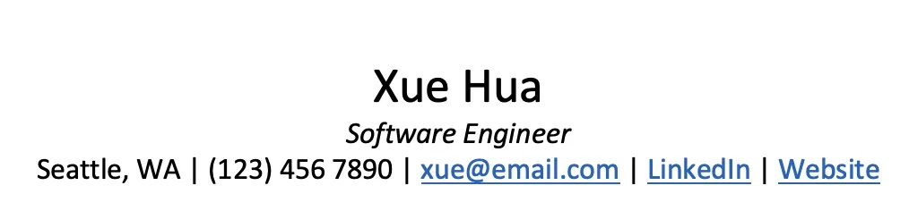 Resume header and contact section