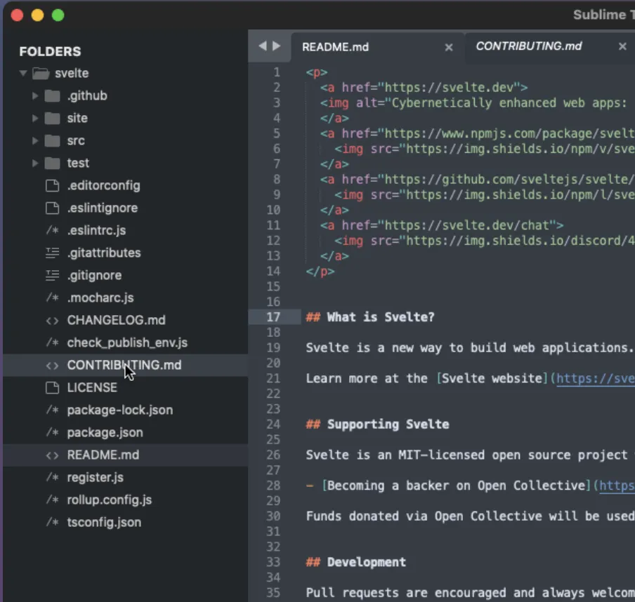 The Sublime Text editor in dark mode, showing a repository. A file sidebar on the left lists folders and config files; the main pane has two open tabs with syntax-highlighted HTML and Markdown in green, blue, and orange against a charcoal background.