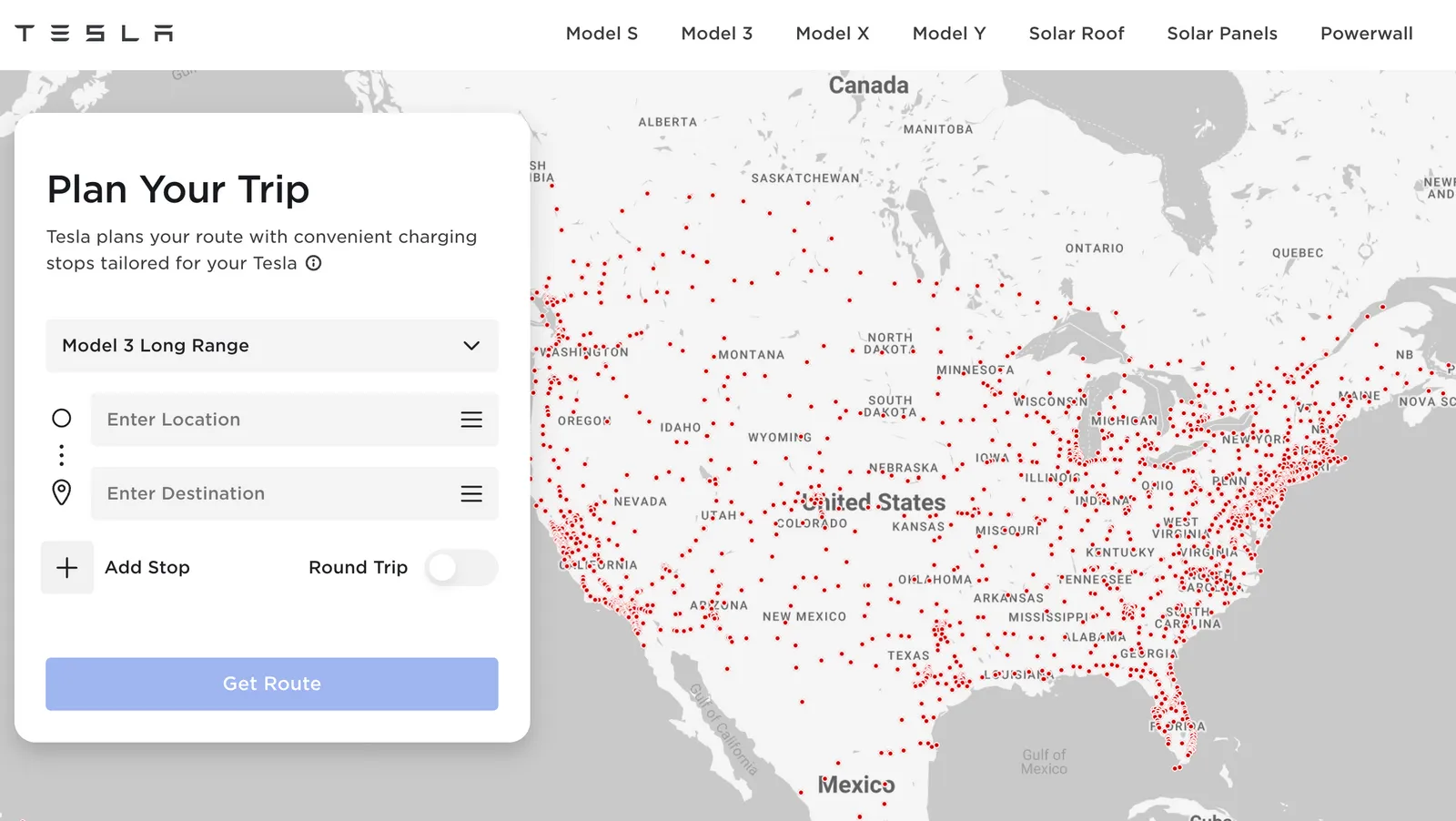 Tesla Trip Planner with origin and destination fields for a Model 3 Long Range, overlaid on a map of North America showing red Supercharger station markers